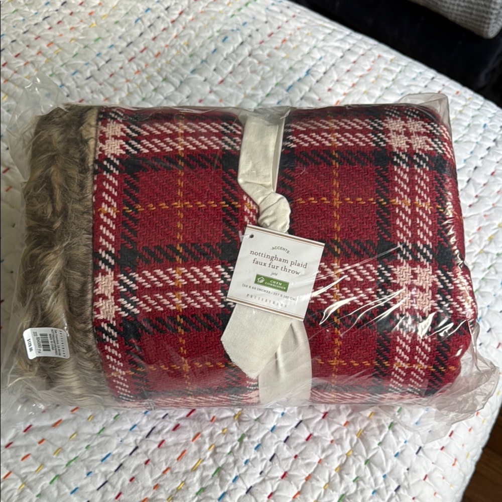 Pottery Barn Red Plaid Faux Fur Throw Blanket